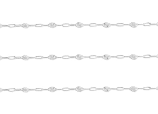 A close-up image of a sterling silver chain with a repeating pattern of paperclip links and hammered starburst links.
