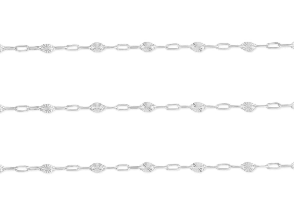 A close-up image of a sterling silver chain with a repeating pattern of paperclip links and hammered starburst links.