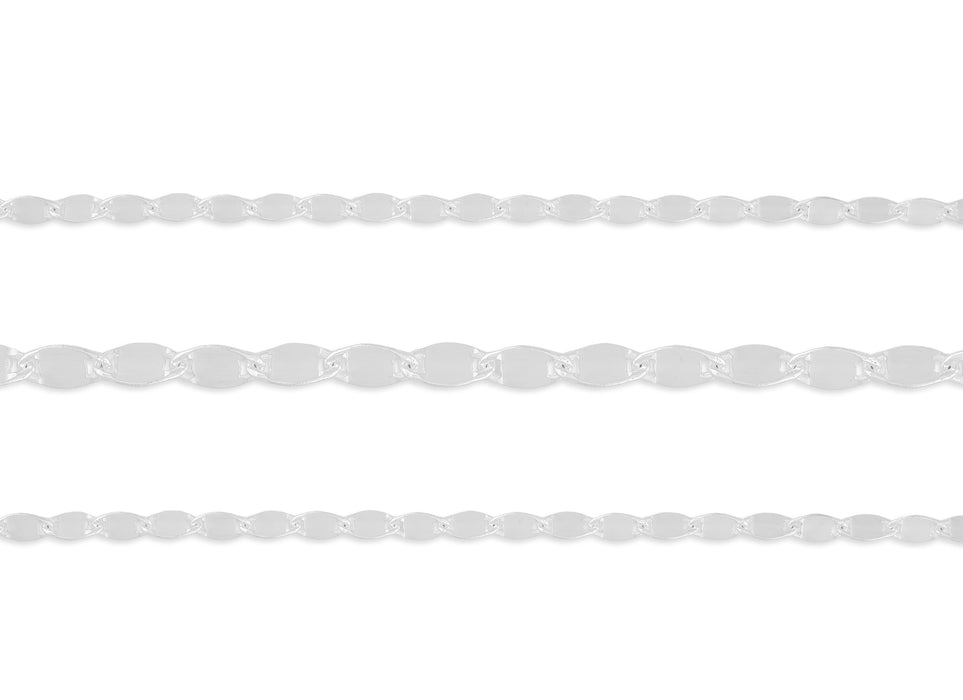 A close-up of a sterling silver hammer chain with a high-polish surface, showing interconnected links.