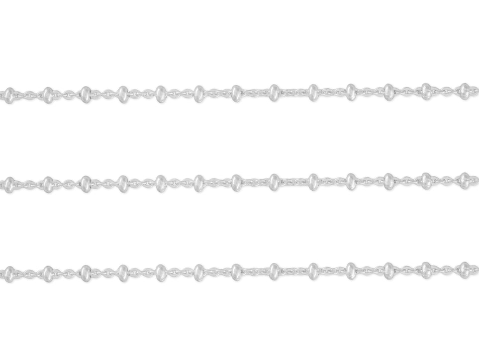 A close-up image of a sterling silver cable chain with 2.11mm x 1.67mm links, spaced with 3mm beads.