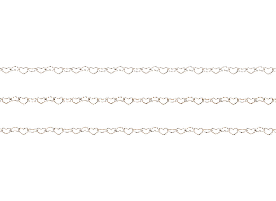 Silver chain with heart-shaped links on a white background