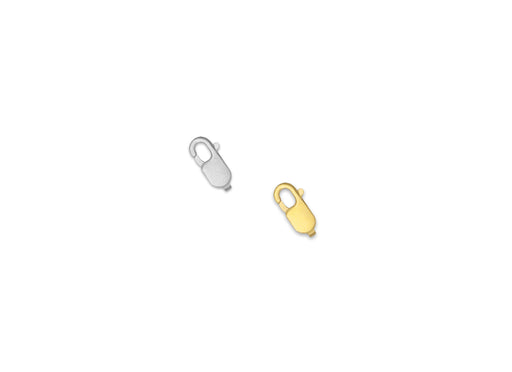 Two flat lobster claw clasps, one in 14K white gold and the other in 14K yellow gold, displayed against a white background.