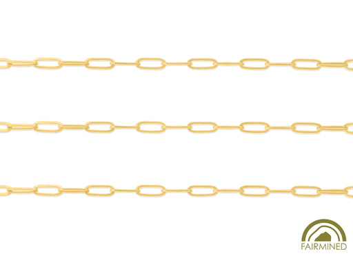 A close-up image of a 2.9mm round-wire paper clip chain in 14K Fairmined yellow gold, showing the texture and shine of the gold with the Fairmined certification logo.