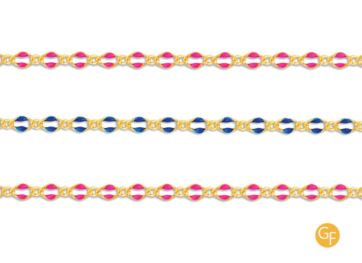 Three enameled figaro chains with gold-filled links and alternating blue or pink enamel accents, displayed side by side.