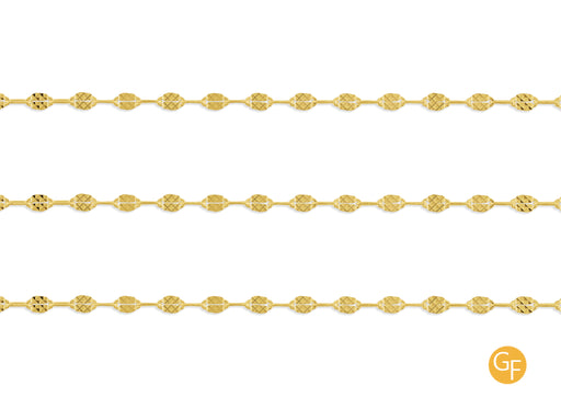 A close-up image of a gold-filled hammered paperclip chain with intricate details on the texture.