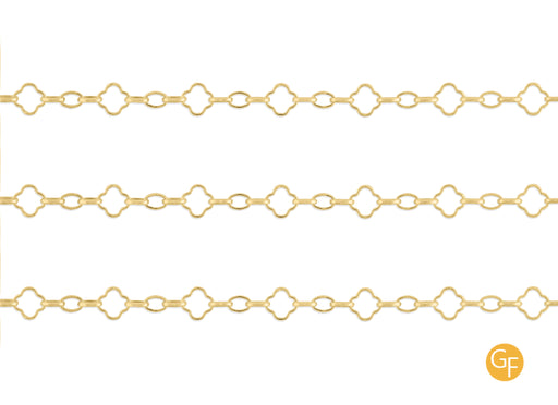 A gold-filled clover mixed link chain featuring multiple links with a clover shape design, displayed against a white background.
