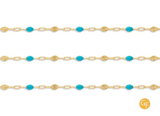 A close-up image of a gold-filled paper-clip chain with blue enamel links.