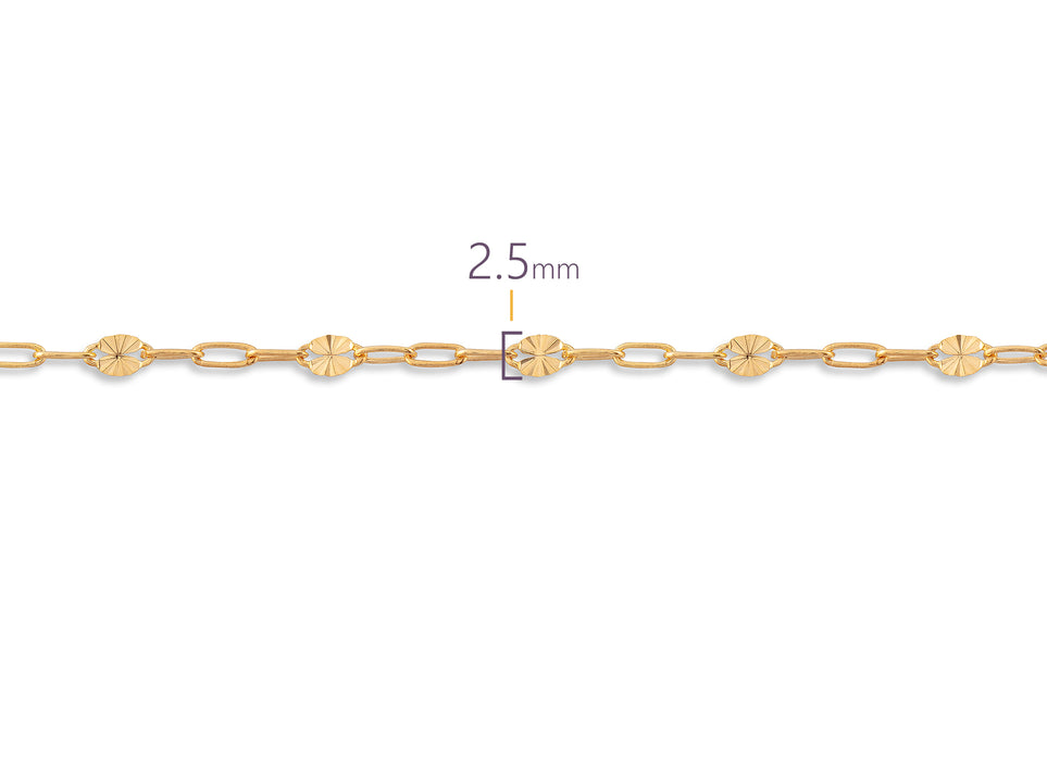 Gold chain with a close-up of a link showing '2.5 mm' on a white background