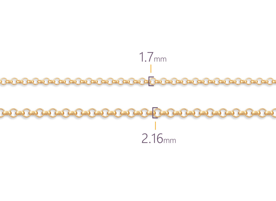 Two gold chains with measurements on a white background