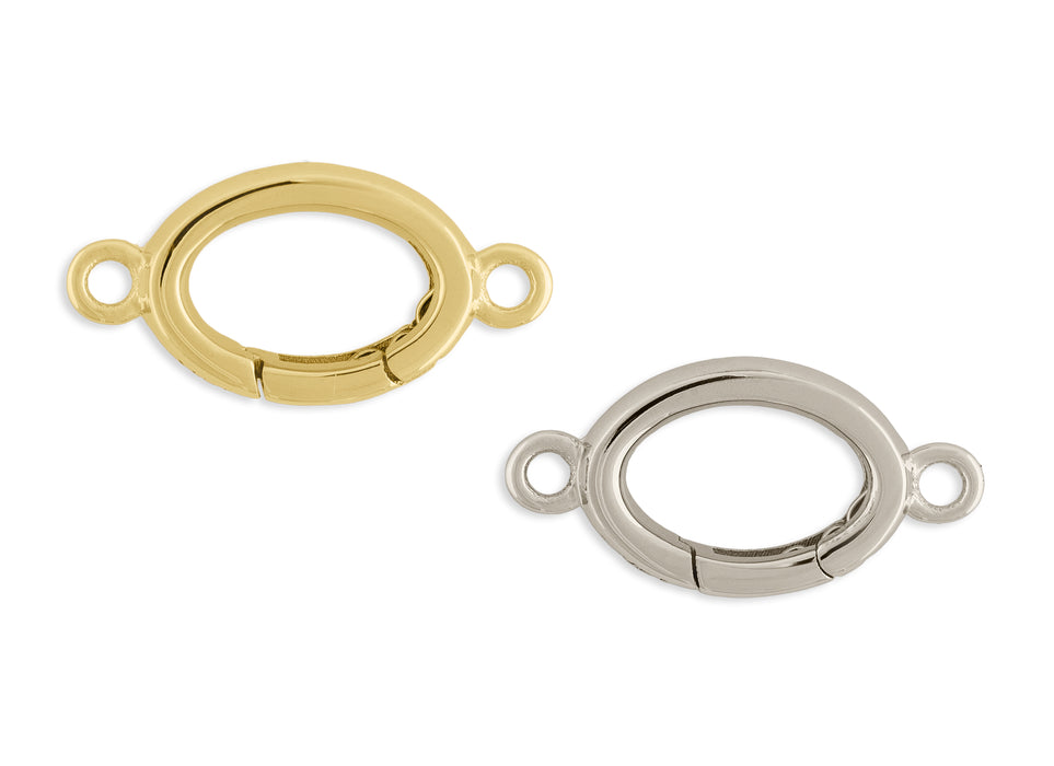 Two oval-shaped invisible clasp connectors, one in gold color and the other in silver color, with a simple design suitable for attaching charms and chain links.