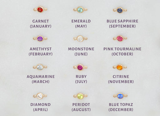 A collection of bezel-set birthstone connectors in various colors corresponding to different months, made of 14K gold.