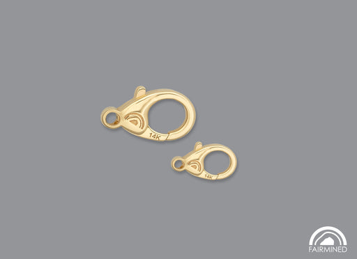 Two sizes of lobster claw clasps made of Fairmined gold, displayed against a grey background.