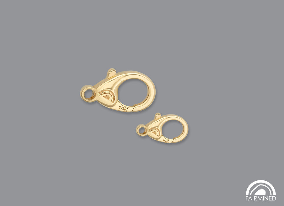 Two sizes of lobster claw clasps made of Fairmined gold, displayed against a grey background.