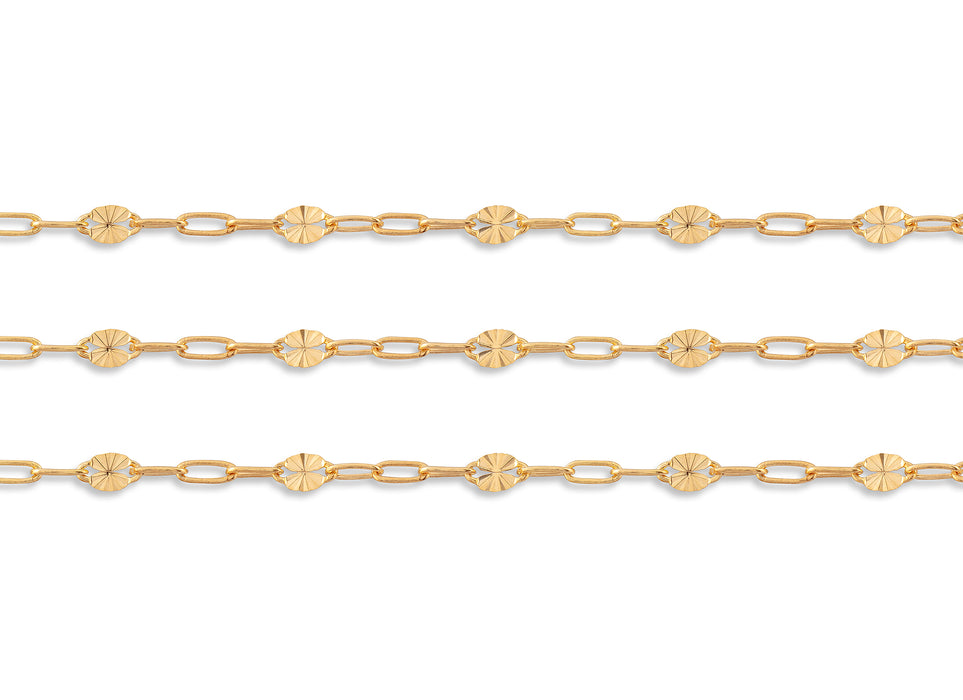 Gold chain with floral links on a white background