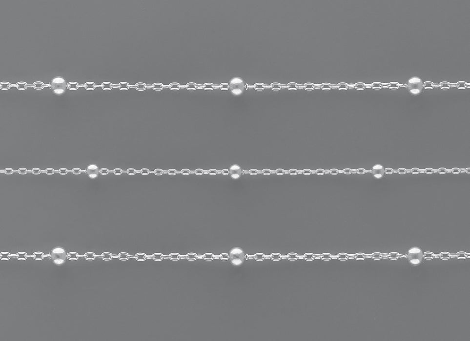 Satellite Chain By the Inch Chain 1: Features 1.58mm links made from 0.25mm wire and adorned with 2.45mm round satellite beads.
Chain 2: Crafted with 2mm links made from 0.3mm wire and accented with 2.98mm round satellite beads. Sterling Silver Necklace Jewelry Riva Ethical Bulk Made in USA, Brooklyn NY