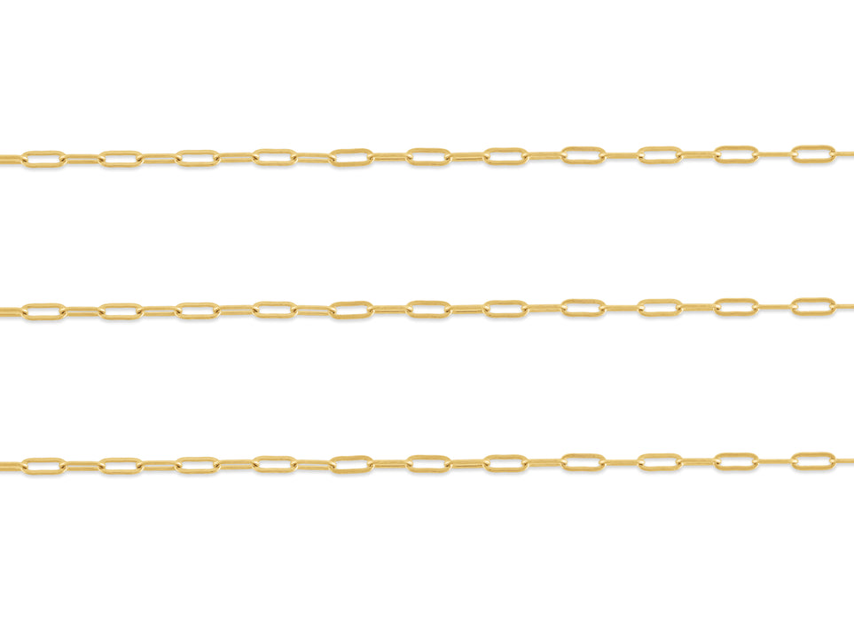 A close-up image of a 0.96mm flat-wire paper clip chain made of 14K gold.