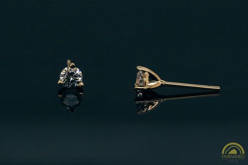 Photo of pair of 3.6mm Round 3-Prong Fairmined Gold Stud Earring Mountings from RIVA Precision
