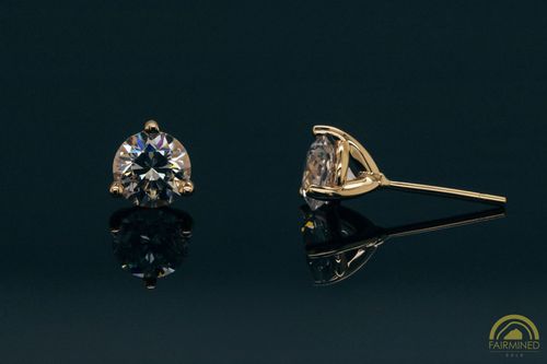 Photo of pair of 5.7mm Round 3-Prong Fairmined Gold Stud Earring Mountings from RIVA Precision