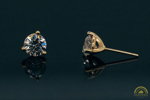Photo of pair of 6mm Round 3-Prong Fairmined Gold Stud Earring Mountings from RIVA Precision