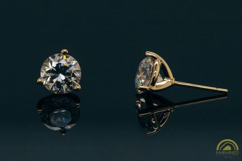 Photo of pair of 6.7mm Round 3-Prong Fairmined Gold Stud Earring Mountings from RIVA Precision