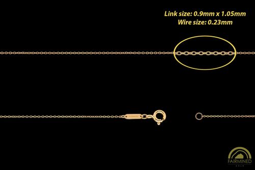 Specifications of Superfine 0.9mm cable chain in Fairmined yellow gold from RIVA Precision