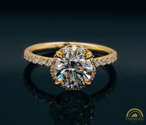 Photo of Round Diamond Halo and Pavé Shank Engagement Ring Semi-Mount in Fairmined Yellow Gold from RIVA Precision