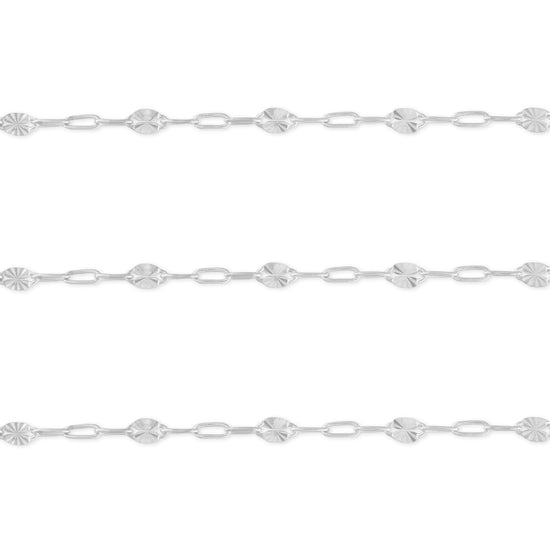 A close-up image of a sterling silver chain with a repeating pattern of paperclip links and hammered starburst links.