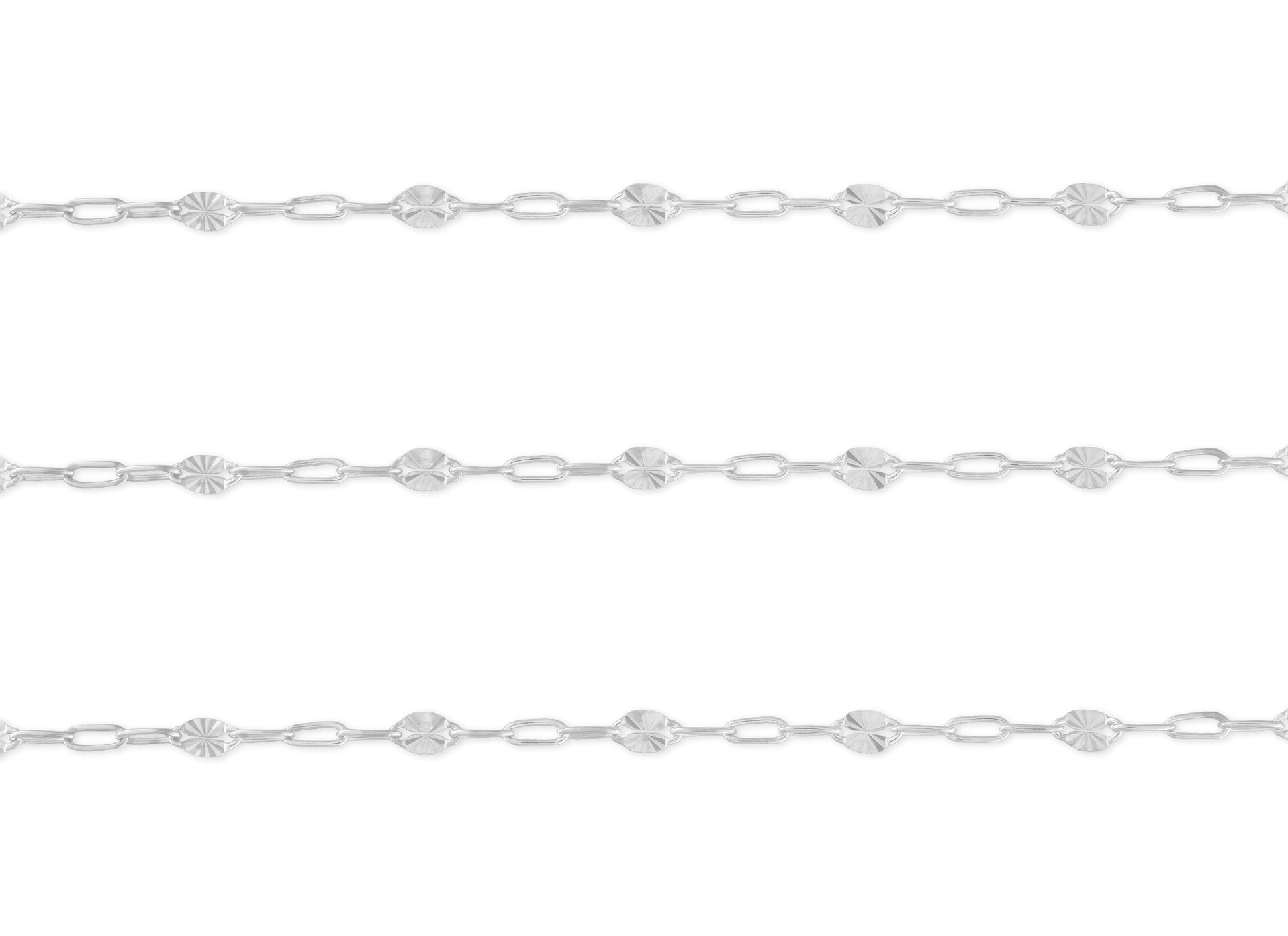 A close-up image of a sterling silver chain with a repeating pattern of paperclip links and hammered starburst links.