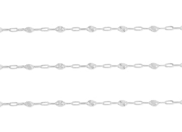 A close-up image of a sterling silver chain with a repeating pattern of paperclip links and hammered starburst links.
