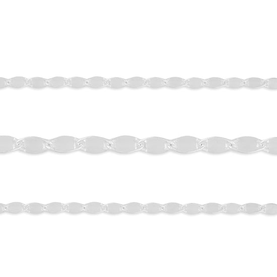 A close-up of a sterling silver hammer chain with a high-polish surface, showing interconnected links.