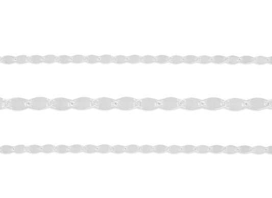 A close-up of a sterling silver hammer chain with a high-polish surface, showing interconnected links.