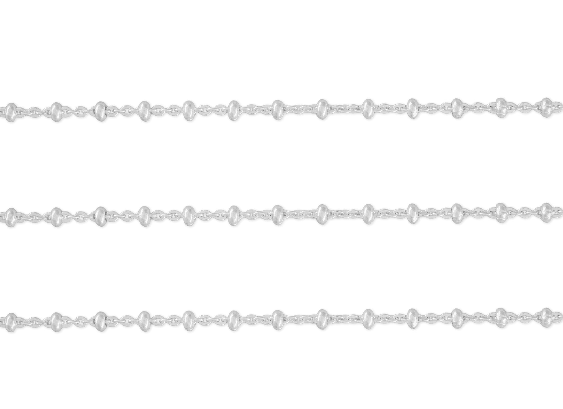 A close-up image of a sterling silver cable chain with 2.11mm x 1.67mm links, spaced with 3mm beads.