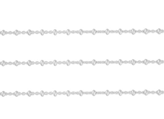 A close-up image of a sterling silver cable chain with 2.11mm x 1.67mm links, spaced with 3mm beads.