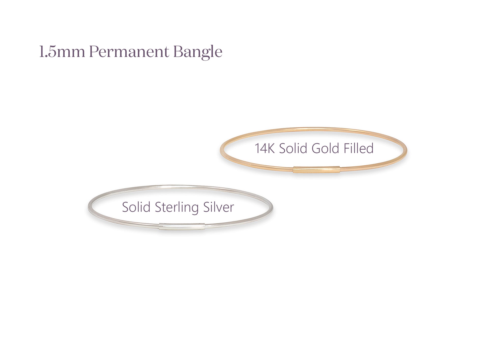 Two bangles labeled '14K Solid Gold Filled' and 'Solid Sterling Silver' on a white background.