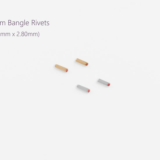 Three small metal rivets on a white background with text indicating size.