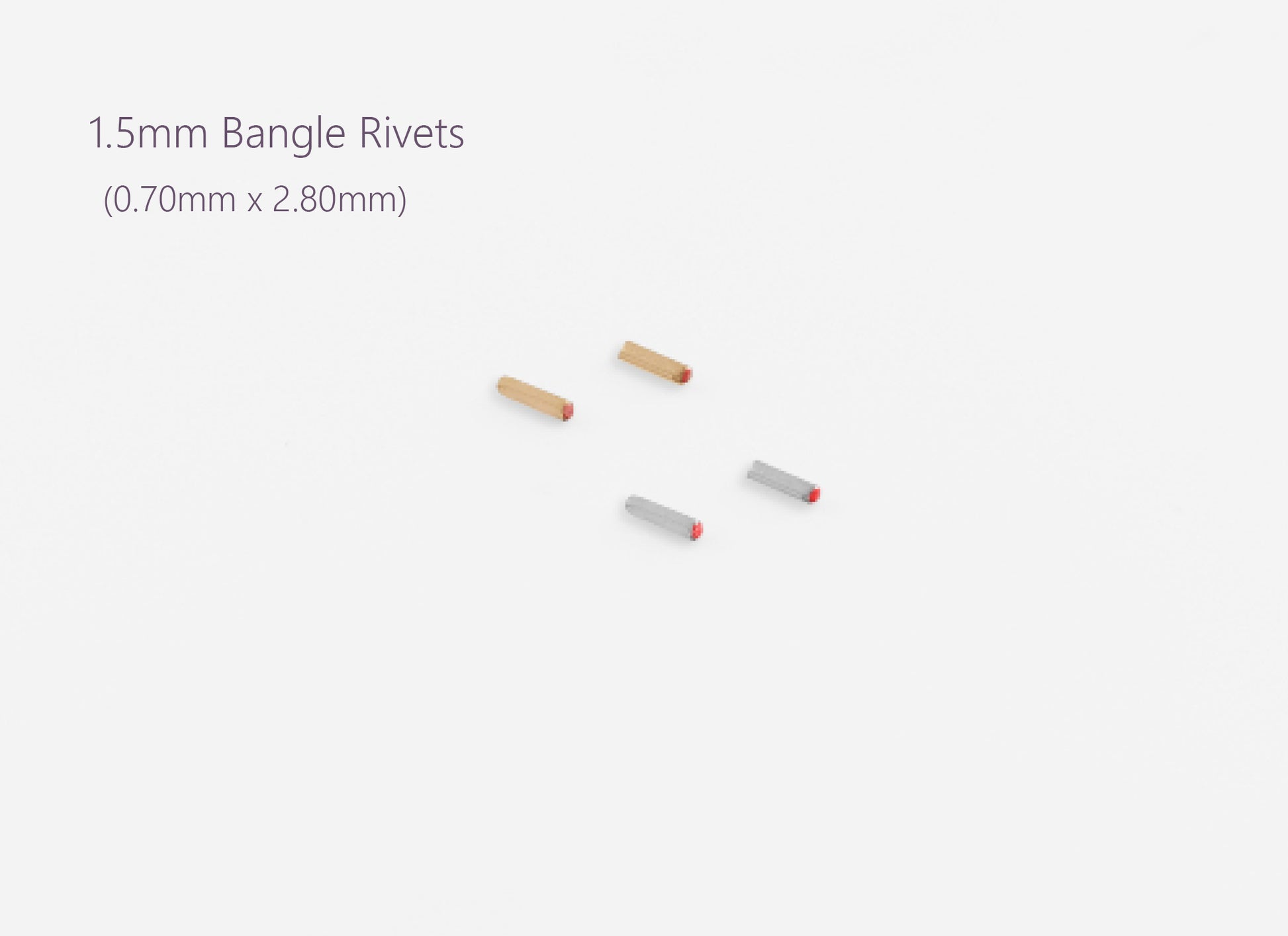 Three small metal rivets on a white background with text indicating size.