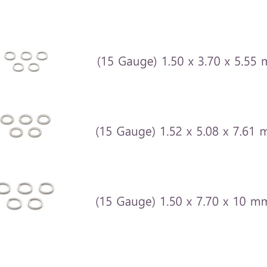 Three sizes of silver jump rings labeled with dimensions on a white background