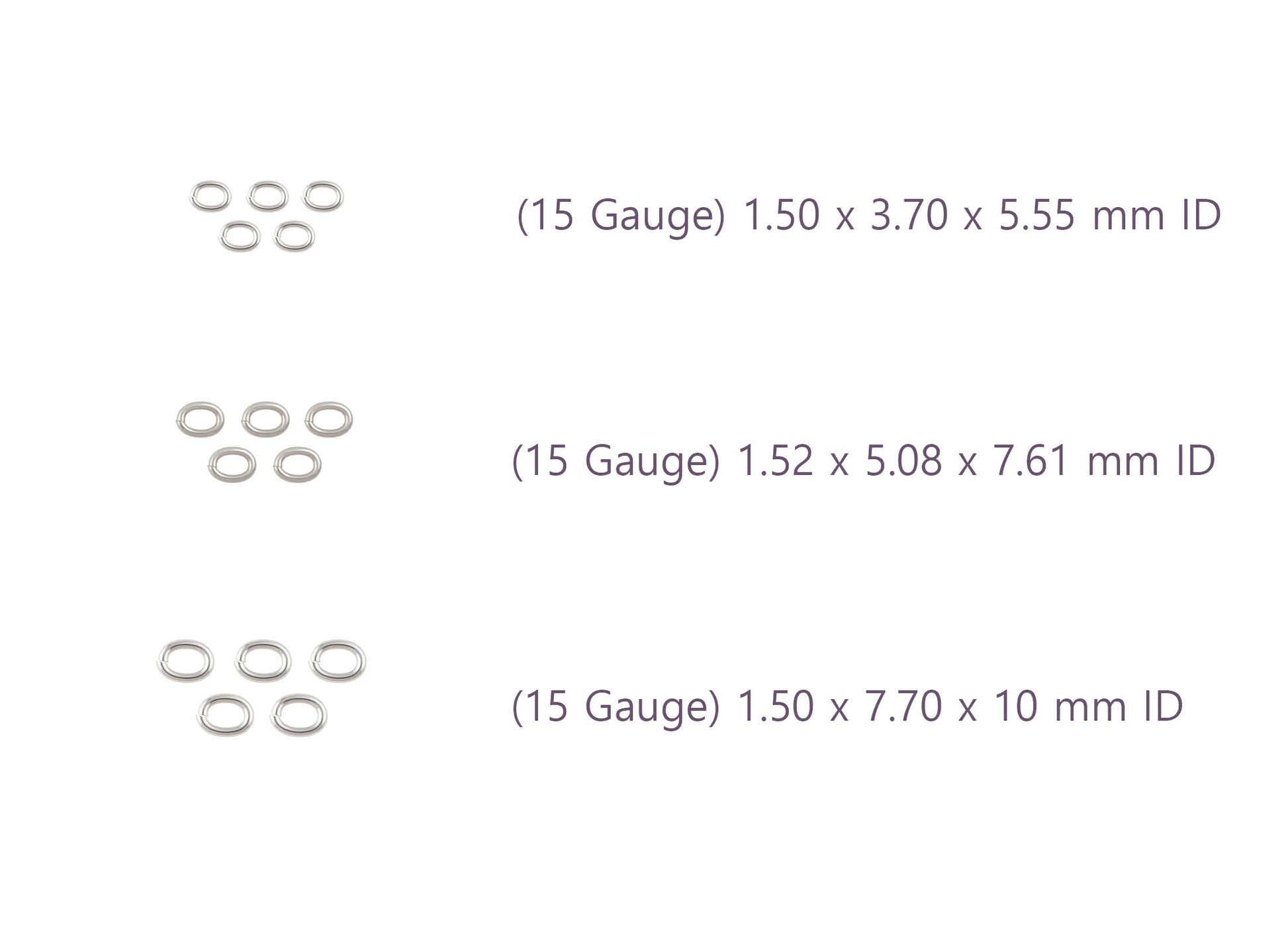 Three sizes of silver jump rings labeled with dimensions on a white background