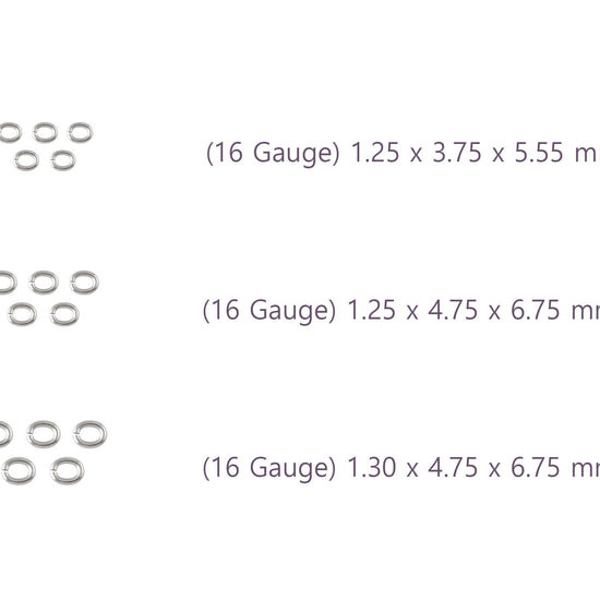 Three sizes of jump rings labeled with dimensions RIVA Precision
