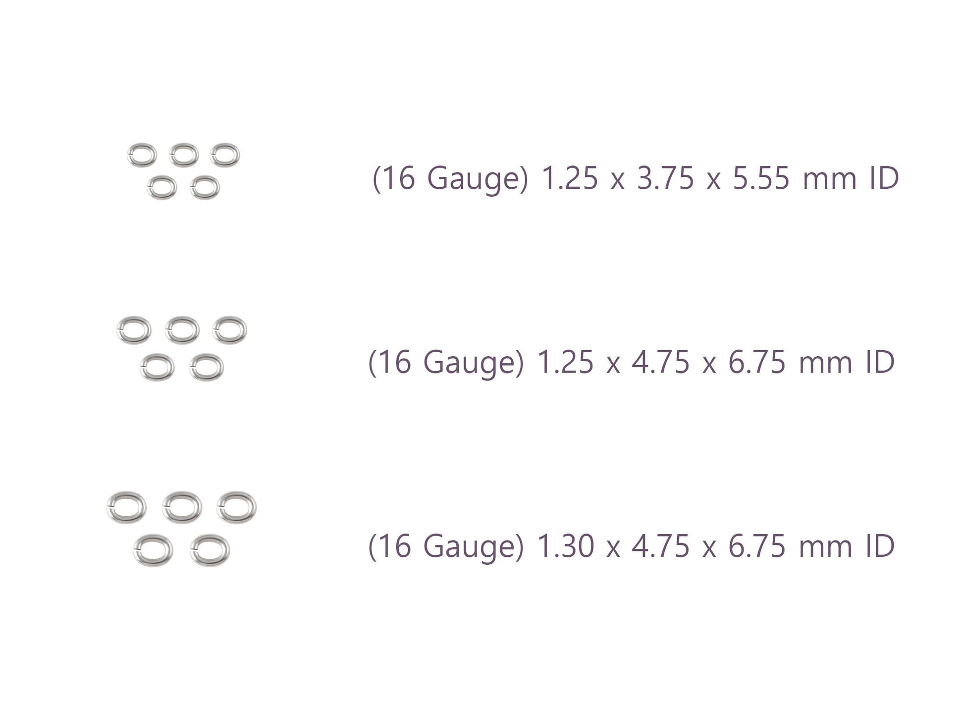 Three sizes of jump rings labeled with dimensions RIVA Precision