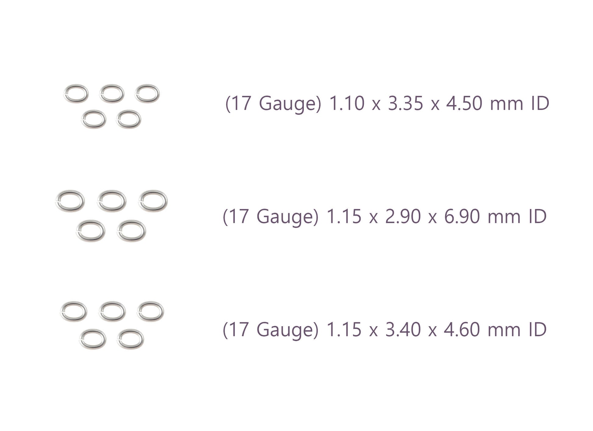 Three sets of jump rings with dimensions riva precision 