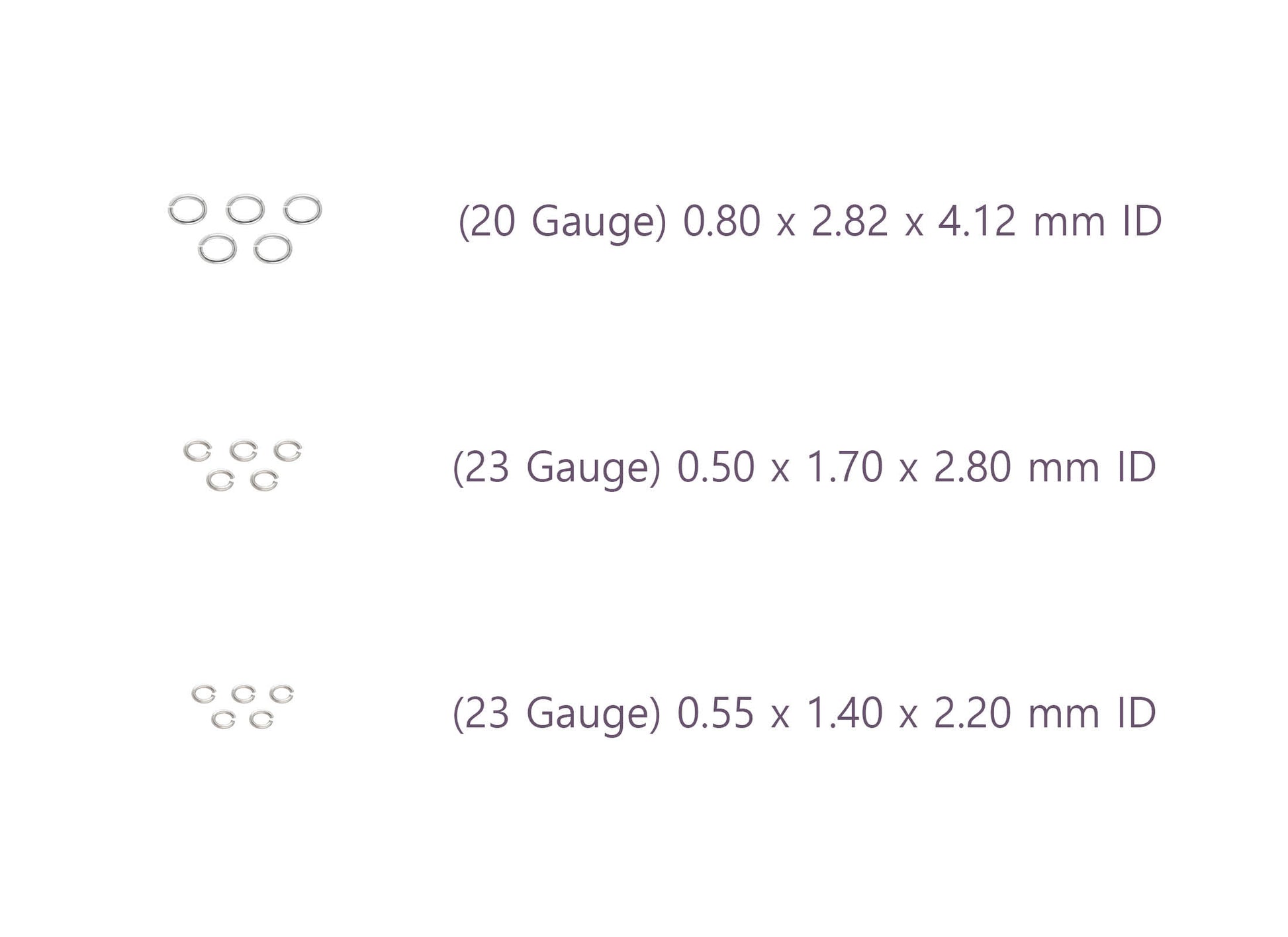 Technical specifications of Jump Rings, cylindrical components, with gauge sizes RIVA Precision