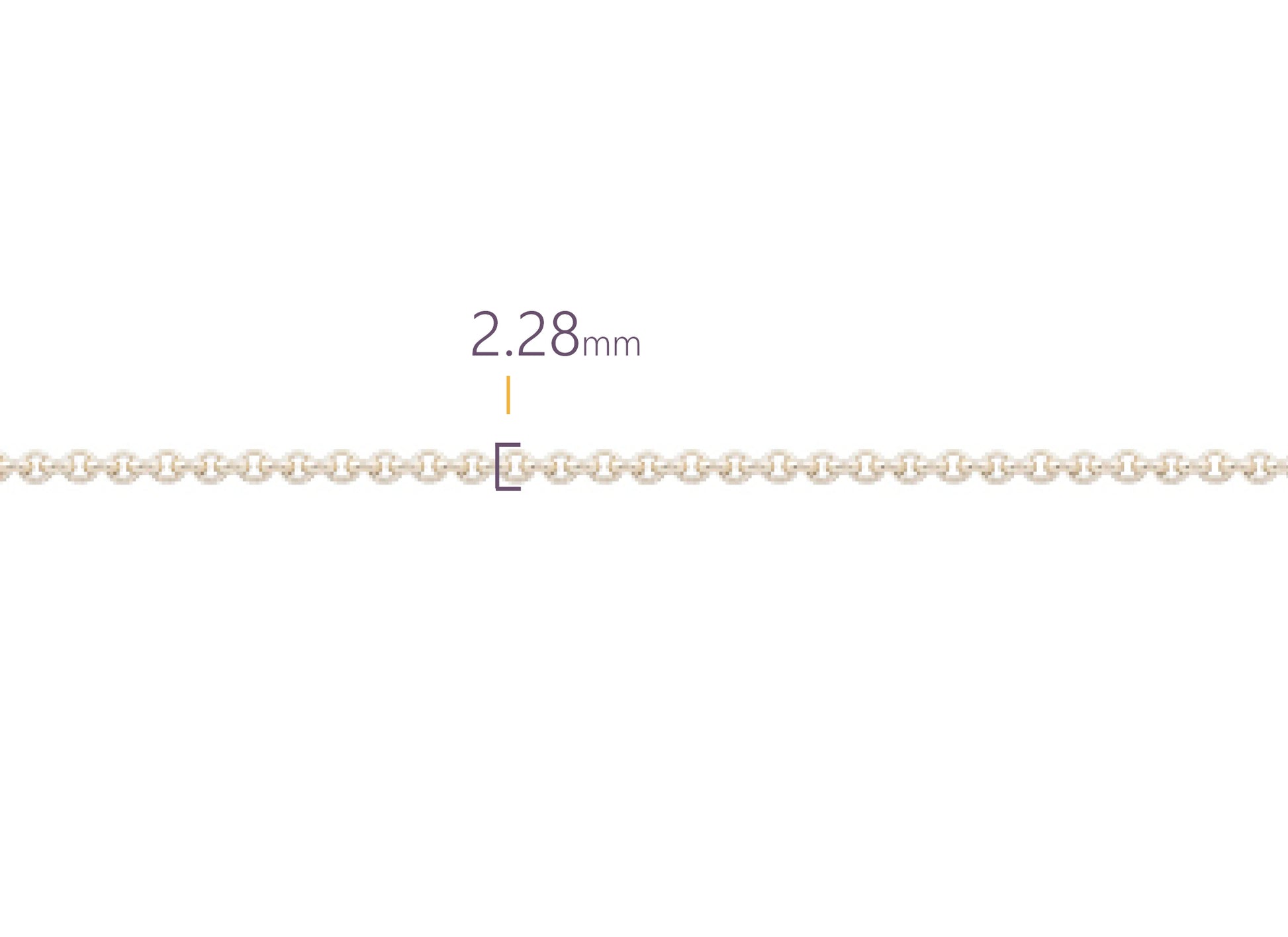 Gold chain with a measurement of 2.28mm on a white background