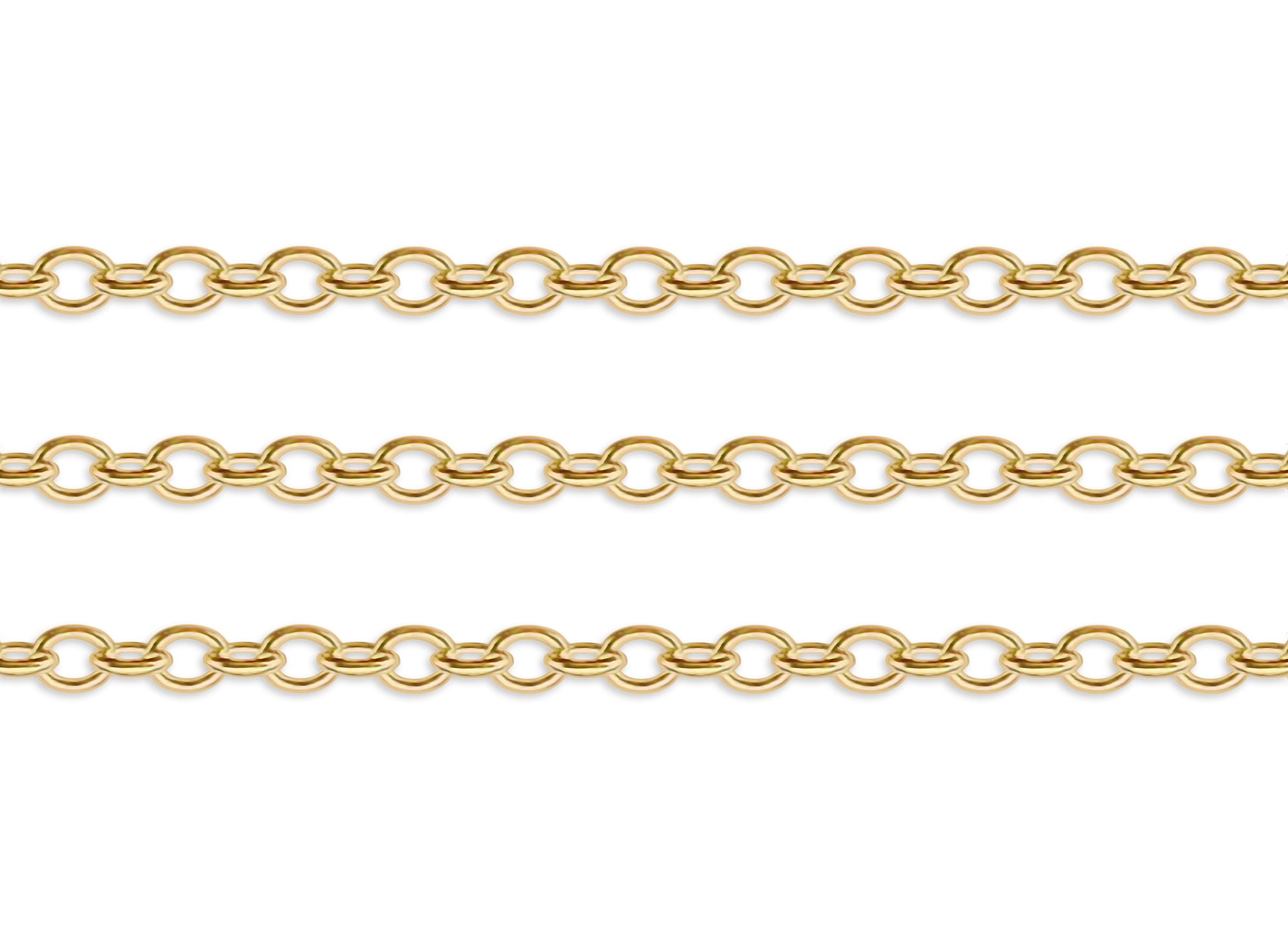 Gold 2.9mm cable chain on a white background