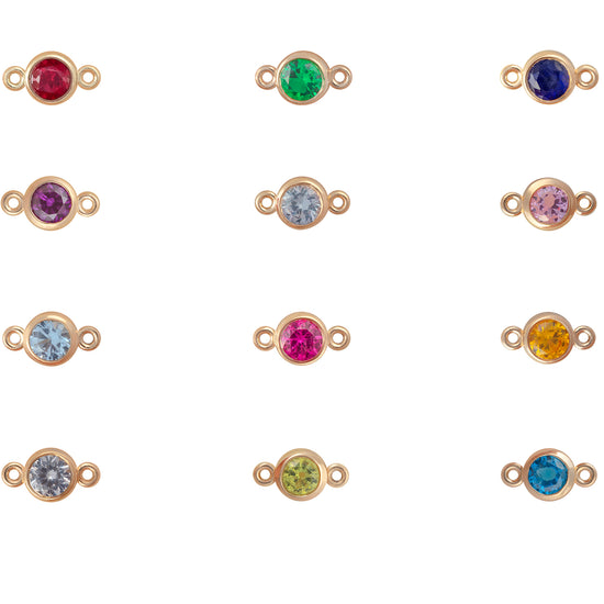Gold jewelry connectors with colorful gemstones on a white background