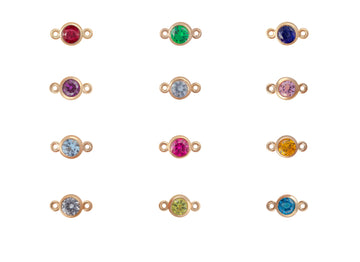 Gold jewelry connectors with colorful gemstones on a white background