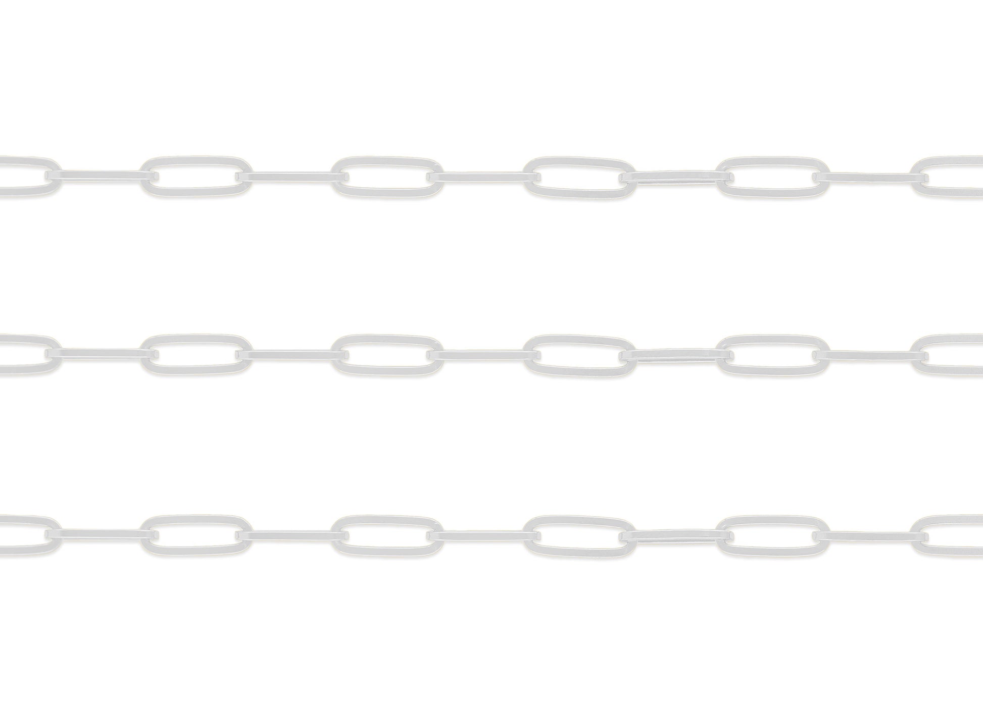 A flat square paperclip chain made of sterling silver, depicted against a white background.