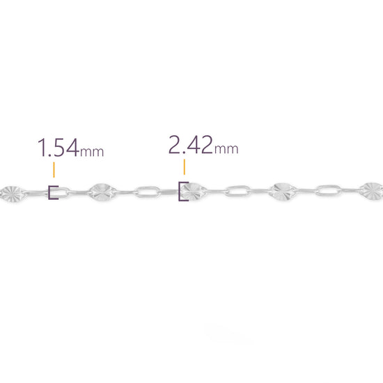 Silver bracelet with measurements on a white background