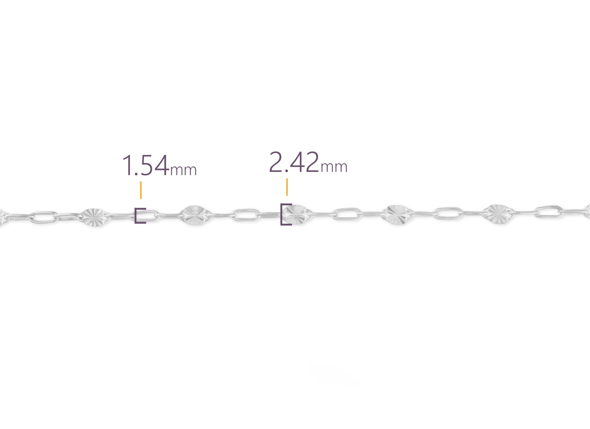 Silver bracelet with measurements on a white background