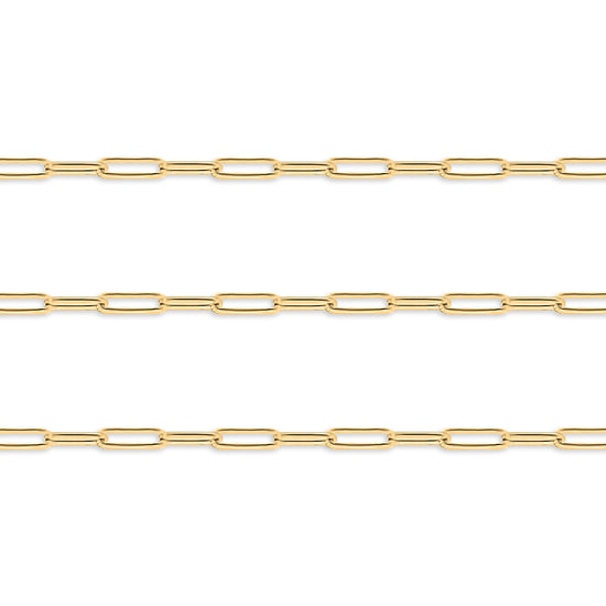 Gold 4mm round paperclip chain on a white background